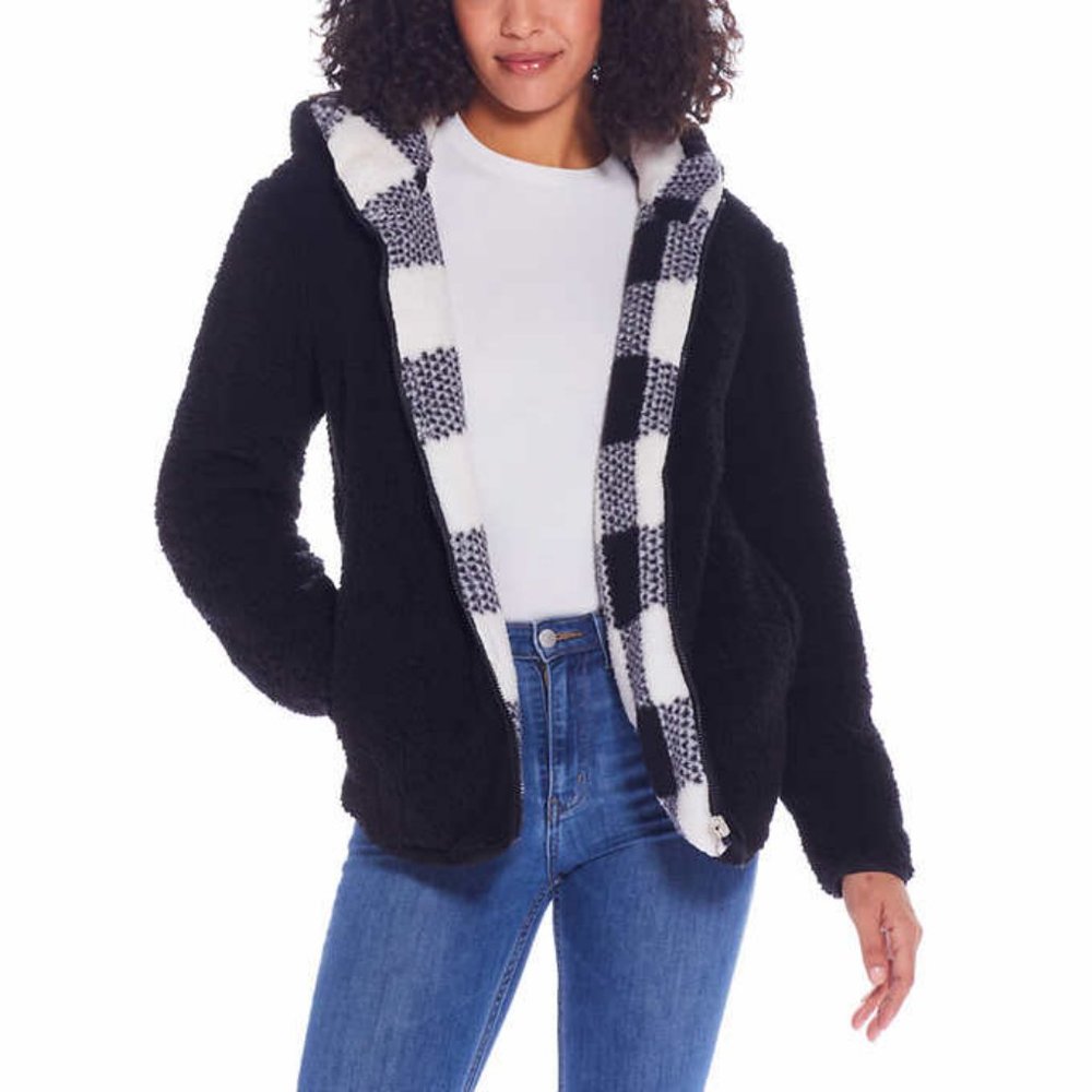 NWT Weatherproof Ladies' Reversible Fleece Jacket Black & White Buffalo Plaid L